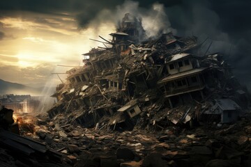 Destroyed city after earthquake. Dramatic scene of the fuming city and burning, Human suffering for earthquake Ai generated