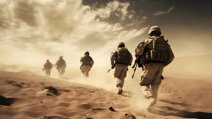 Soldiers walking In The Desert Sand, Military operation. Military Concept. Generative AI - obrazy, fototapety, plakaty