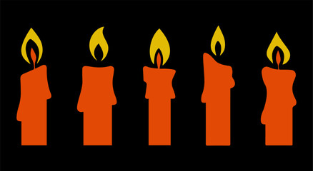 Burning red candle on a dark background. Vector flat illustration.