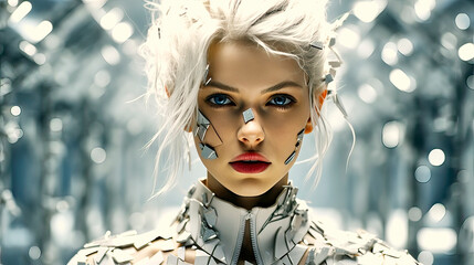 Futuristic image of a serious-looking blonde with bright red lips and silver clothing against a bright background