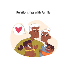 Relationships with Family concept. A heartwarming embrace among generations, conveying the loving bond of grandparents and grandchildren. Family unity and affection. Flat vector illustration