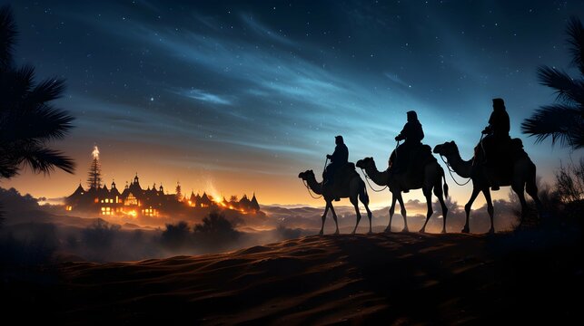 Silhouette of Three wise men riding a camel along the star path. To meet Jesus at first birth. Generative AI