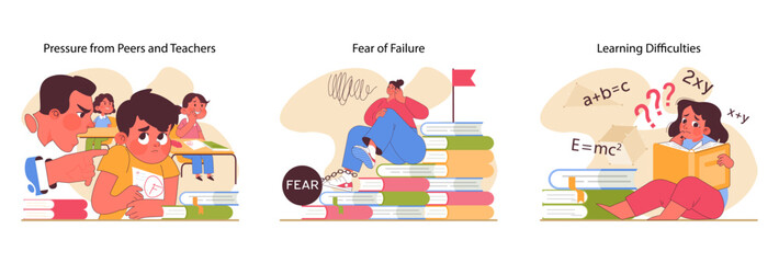Educational stress set. Students confront academic challenges: peer and teacher pressure, fear of failure, and learning hurdles. Emotionally charged study situations. Flat vector illustration - obrazy, fototapety, plakaty