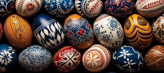Assorted easter eggs beautifully painted in a delightful array of vibrant and eye catching colors - obrazy, fototapety, plakaty