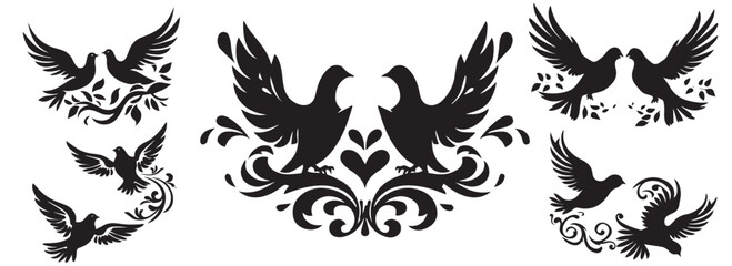 Doves in love with hearts, set of wedding decorative pigeon birds, black and white vector graphics - obrazy, fototapety, plakaty