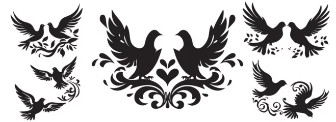 Fotobehang Doves in love with hearts, set of wedding decorative pigeon birds, black and white vector graphics © Cris