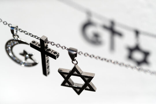 Religious symbols of Christianity, Islam and Judaism, the three monotheistic religions, Interfaith dialogue, France