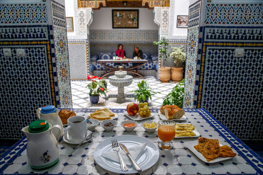 Breakfast in a riad in Fes medina (old city), Fez, Morocco, North Africa