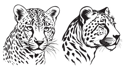 Set of two cheetah heads, black and white decorative vector graphics