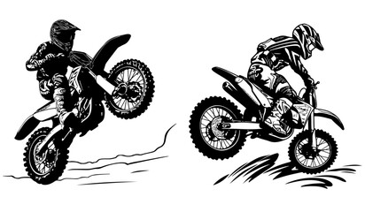 Man jumping and doing tricks on a cross bike, black and white vector graphics, shape outline
​

