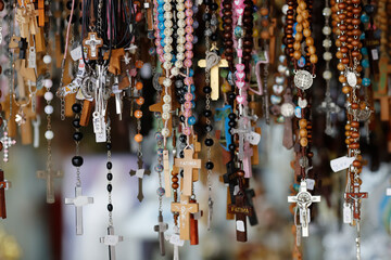 Souvenir shop with Rosary beads and religious medals, Sanctuary of Fatima, Centro, Portugal