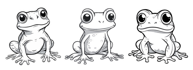 A set of three frogs sitting calmly and smiling, black and white vector graphics for children to color
