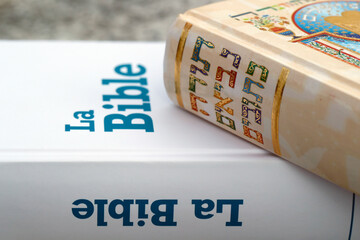 Christianity and Judaism, Bible and Torah, interfaith religious symbols, faith and spirituality concept