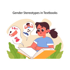 Gender stereotypes in textbooks concept. A thoughtful girl reading a book confronts ingrained notions of gender roles, reflecting societal norms and biases. Flat vector illustration