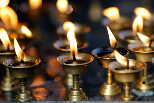 Oil (butter) lamps burning in Hindu temple, Kathmandu, Nepal