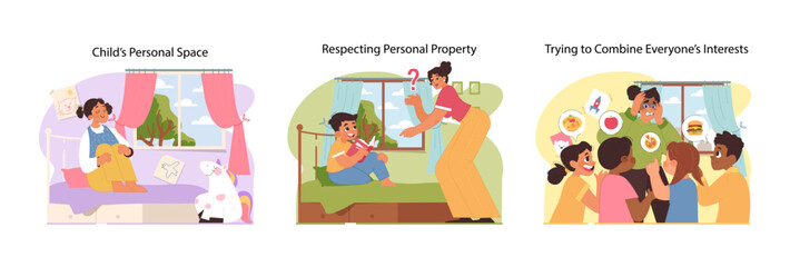 Fototapeta premium Personal space and interests set. Janusz Korczak How to Love a Child book. Valuing childs privacy, property rights, and decision making. Harmonizing individual needs with family dynamics. Flat vector
