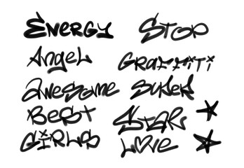 Collection of graffiti street art tags with words and symbols in black color on white background