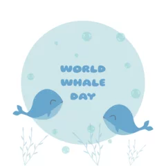 Foto auf Acrylglas World Whale Day in flat kawaii style. Holiday illustration, protection of marine mammals. For banner, postcard, poster. Vector for the third Sunday of February. © Анна Милославская