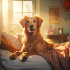 Cachorro Golden fofo em um quarto de dormir com uma janela no fundo sobre a luz do sol - Papel de parede - obrazy, fototapety, plakaty