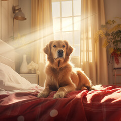 Cachorro Golden fofo em um quarto de dormir com uma janela no fundo sobre a luz do sol - Papel de parede - obrazy, fototapety, plakaty