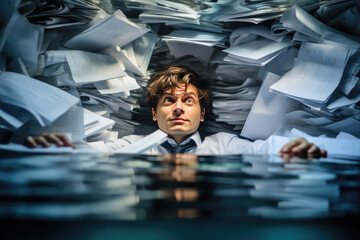 Men Overwhelmed By Workload And Mounting Stress Leading To Drowning In Paperwork - obrazy, fototapety, plakaty