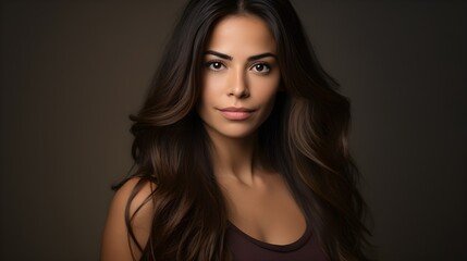 Fototapeta premium Portrait, hispanic Woman, Long Hair, 30 Years Old, Style, Confidence, Diverse, Latina Woman, female headshot. Generative AI