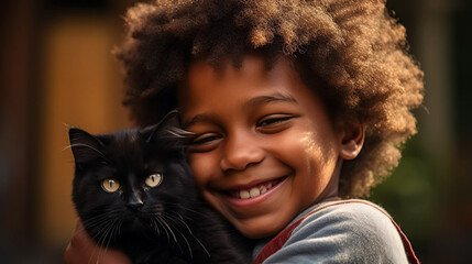 copy space, stockphoto, realistic, National Love Your Pet Day. Little black boy hugging his cat. Peaceful scene. Love and friendship between an animal, cat and boy, owner. - obrazy, fototapety, plakaty