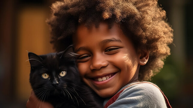 copy space, stockphoto, realistic, National Love Your Pet Day. Little black boy hugging his cat. Peaceful scene. Love and friendship between an animal, cat and boy, owner.