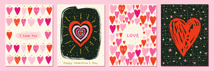 Cute Valentine's Day cards vector set with hand drawn pink and red doodle hearts and stars, with elegant dark and light background with gold dots for wedding and Mother's Day designs, love themes