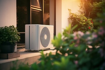 Residential air conditioning unit outside a home with plants and evening sunlight
