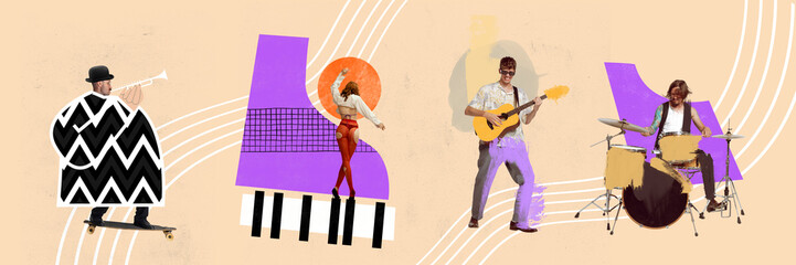 Banner. Contemporary art collage. Talented people, man and woman playing on musical instruments piano, drums, guitar and trumpet. - obrazy, fototapety, plakaty