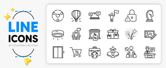 Marketing strategy, Vip table and Air balloon line icons set for app include Photo edit, Leadership, Led lamp outline thin icon. Fireworks, Exhibitors, Special offer pictogram icon. Vector