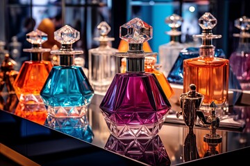 A luxurious display of perfume bottles, each a different hue, offers a spectrum of scents for every occasion