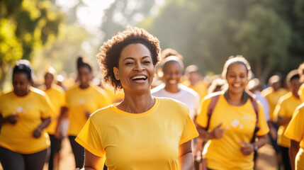 Group of smiling african women in yellow uniform running outdoors, taking part in public marathon. Concept of sport event, endurance and speed, marathon, action and motion - obrazy, fototapety, plakaty