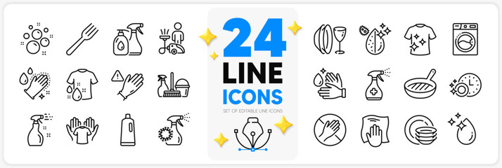 Icons set of Washing cloth, Washing machine and Dirty water line icons pack for app with Dont touch, Shampoo, Wash hands thin outline icon. Fork, Hold t-shirt, Use gloves pictogram. Vector - obrazy, fototapety, plakaty