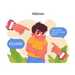 Ableism concept. Autistic boy being shamed and called names. Realities of discrimination and importance of respectful communication. Encouraging positive societal change. Flat vector illustration