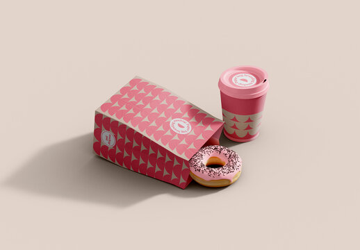 Paper Cup with Bag and Donut Mockup