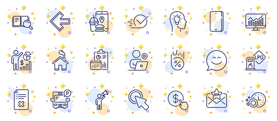 Outline set of Video conference, Buy currency and Phone line icons for web app. Include Click here, Dishwasher timer, Reject file pictogram icons. Idea head, Statistics, Report signs. Vector