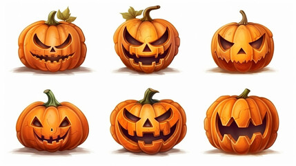 Set of Halloween watercolour pumpkin illustrations, ribbon. Seasonal artwork isolated on white background. Generative AI