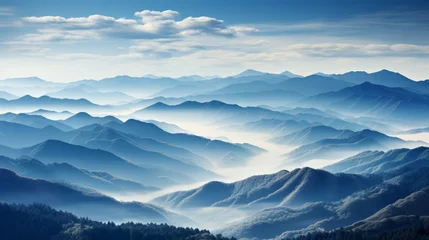Foto op Canvas Landscape with blue mountains in a fog in a morning. In the style of light navy and blue, layered lines. © Vladimir