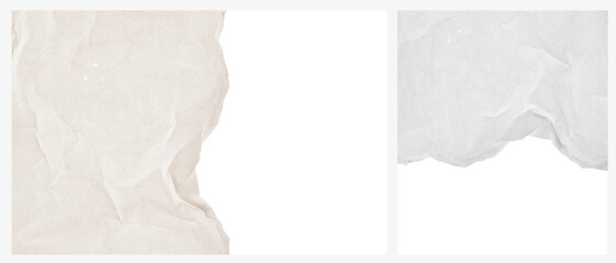 Set of 2 Creative Abstract Vector Layouts with Copy Space and Border Made of Crumpled Paper. Light Beige and Light Gray-White Creased Paper isolated on a White Background. No text. RGB.