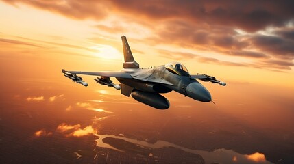 flying over the cities at sunset jet fighter f16 with great speed.Patrol of military combat aviation. Generative AI