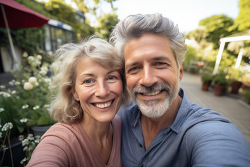 Fototapeta premium Middle aged couple at indoors making a selfie