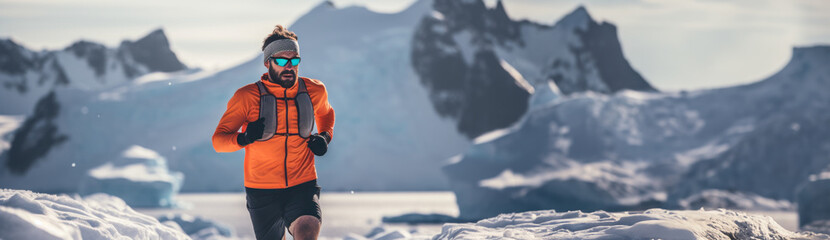 Young athletic man in sportswear and goggles running on snowy mountains. Banner. Concept of cross-country run, marathon, endurance, competition - obrazy, fototapety, plakaty