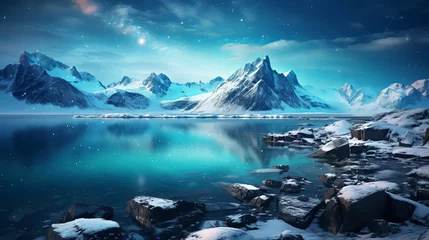 Poster The Milky Way gleaming above the icy shoreline, snow-clad mountains, and frozen sea coast during a winter night in the Lofoten Islands, Norway. Capturing the Arctic landscape © Yusif