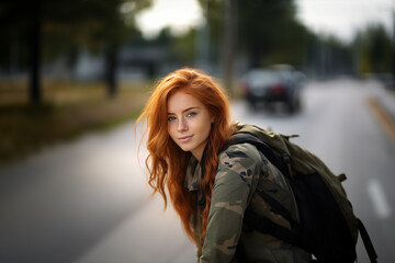 Young pretty redhead woman at outdoors in military uniform