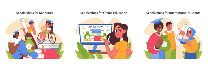 Scholarship diversity set. People of various ethnicities and ages getting financial aid. Empowering education for minorities, online learners and global students. Accessible academic funding.