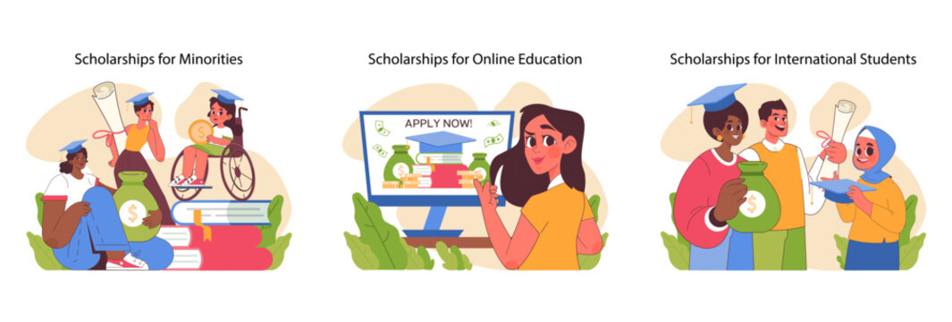 Scholarship diversity set. People of various ethnicities and ages getting financial aid. Empowering education for minorities, online learners and global students. Accessible academic funding.