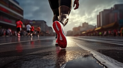 Cropped image of legs of athlete in motion, running on asphalt road, marathon runner. Winner. Concept of sport event, endurance and speed, marathon, action and motion - obrazy, fototapety, plakaty