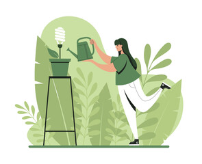 Woman watering light bulb. Concept of ecology awareness. Vector flat illustration